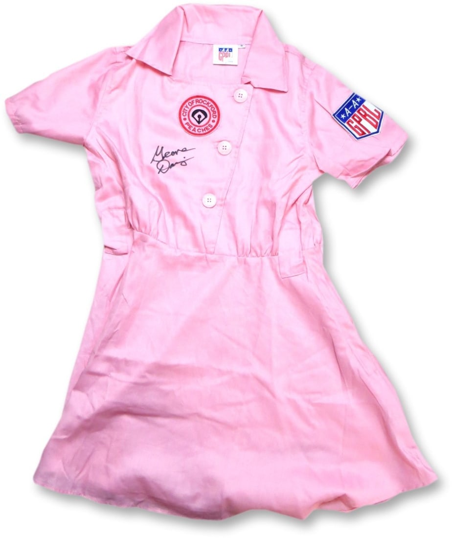 Geena Davis JSA Autographed Peaches Jersey Dress: Geena Davis JSA Autographed Peaches Jersey Dress This autographed jersey dress is signed by Geena Davis, known for her role in "A League of Their Own" as a member of the Peaches. The signature has bee