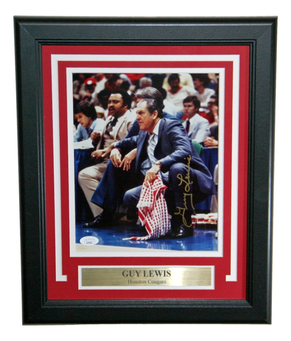 Guy V Lewis Autographed 8x10 Houston Cougars Photo JSA Certified: Guy V Lewis Autographed 8x10 Houston Cougars Photo JSA Certified This is an original 8x10 photo of Guy Lewis, the renowned basketball coach, framed and ready for display. The photo is authenticated by