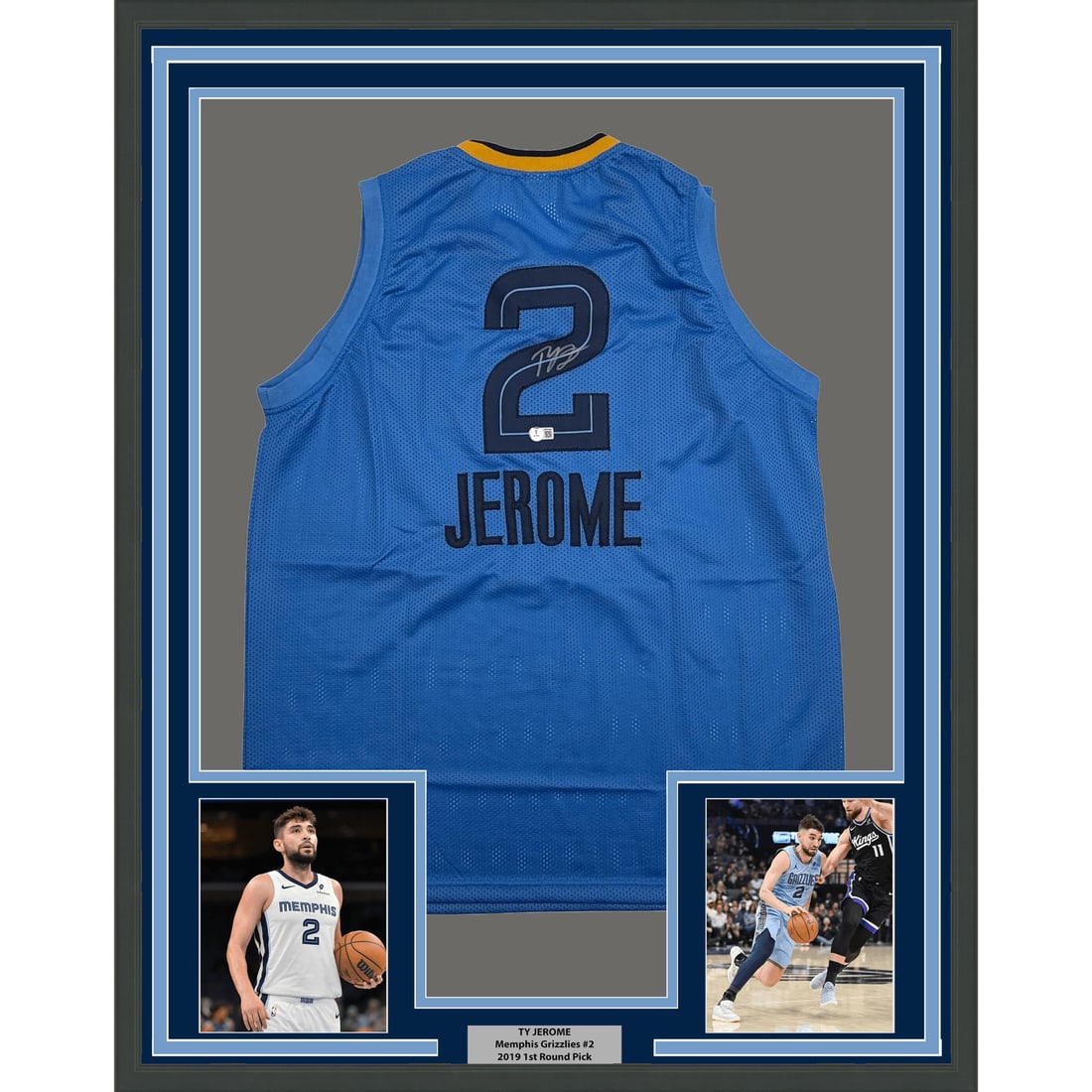 Framed Ty Jerome signed Memphis Grizzlies jersey BAS COA 35x39: Framed Ty Jerome signed Memphis Grizzlies jersey BAS COA 35x39 This professionally framed and matted Memphis Grizzlies basketball jersey features the authentic autograph of Ty Jerome. The jersey is pr