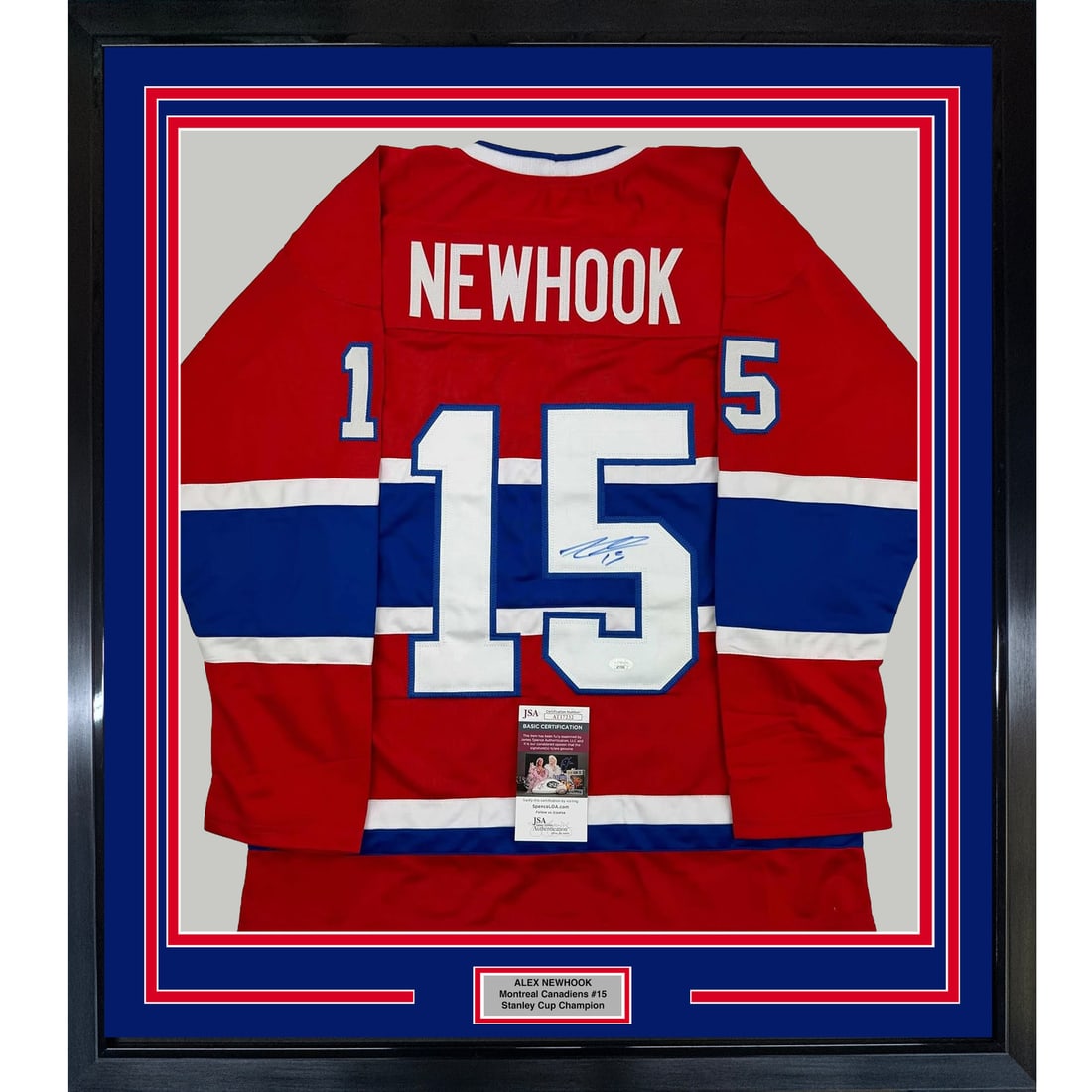 Framed Alex Newhook Signed Montreal Canadiens Jersey JSA Certified: Framed Alex Newhook Signed Montreal Canadiens Jersey JSA Certified This professionally framed and autographed Montreal Canadiens jersey features the signature of NHL player Alex Newhook. Measuring 35x