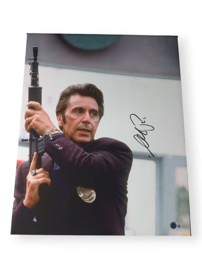 16X20 Heat canvas photo signed by Al Pacino Beckett authenticated: 16X20 Heat canvas photo signed by Al Pacino Beckett authenticated Autographed 16x20 canvas photograph signed by Al Pacino. The piece is professionally mounted and ready for framing as shown. It is an 