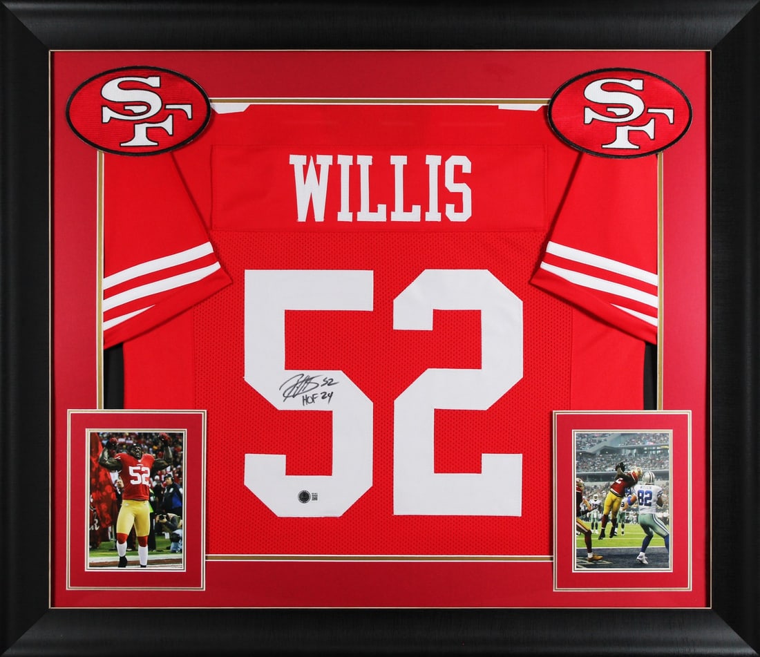 Framed Patrick Willis Red Jersey Signed HOF 24 Beckett Witnessed: Framed Patrick Willis Red Jersey Signed HOF 24 Beckett Witnessed This professionally framed red Pro Style jersey features the authentic signature of Patrick Willis, including the inscription "HOF 24."
