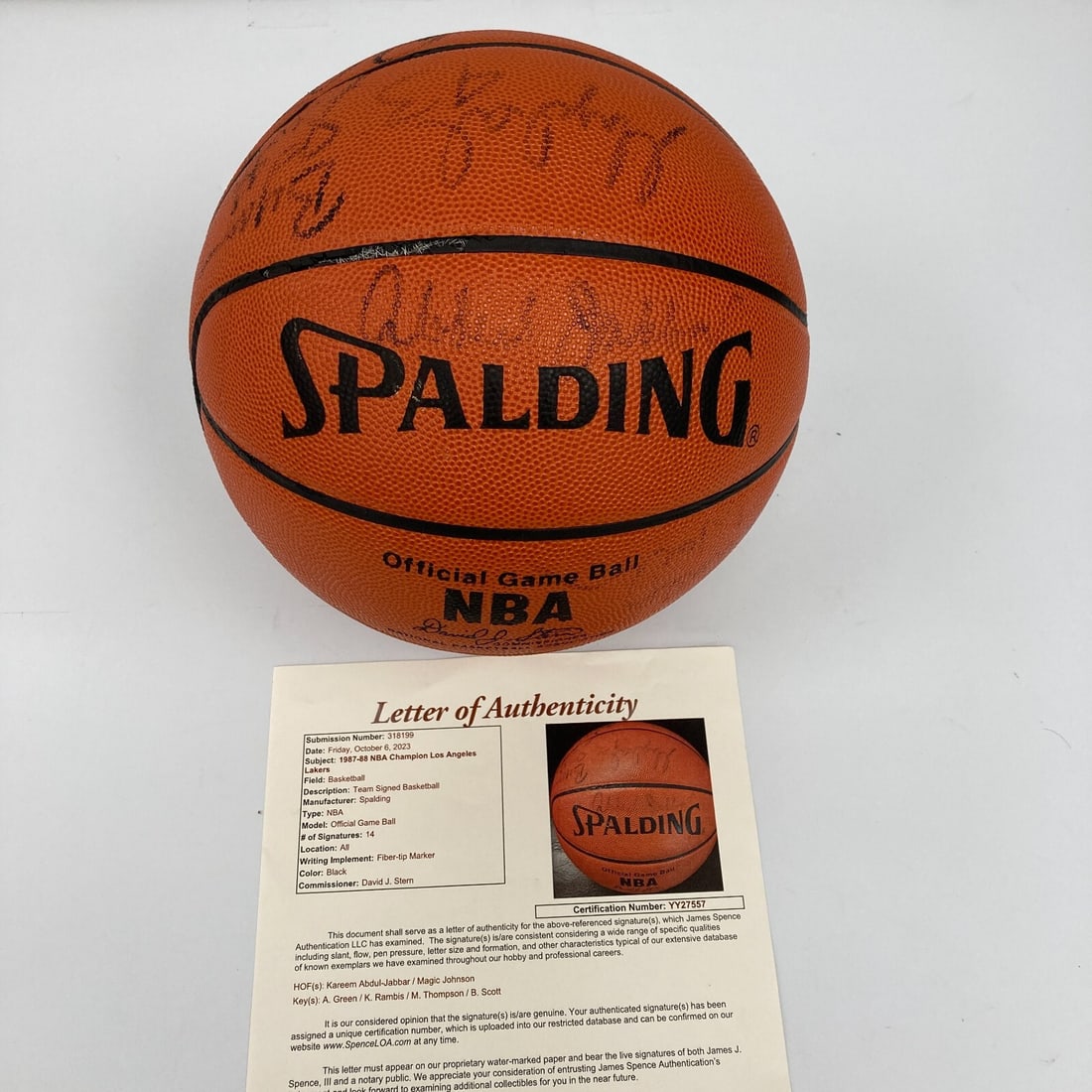 1987-88 Lakers Team Signed Basketball with JSA COA and Photo: 1987-88 Lakers Team Signed Basketball with JSA COA and Photo Celebrate the legacy of the 1987-88 Los Angeles Lakers with this official NBA game basketball, signed by members of the championship team. 