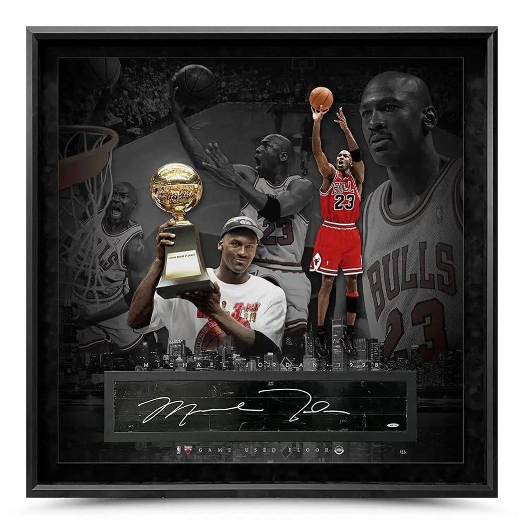 Michael Jordan Autographed Framed 42x42 Floor Piece Limited Edition 23: Michael Jordan Autographed Framed 42x42 Floor Piece Limited Edition 23 This stunning piece features a framed, original 42" x 42" floor collage celebrating Michael Jordan and the iconic 1998 Chicago Bu