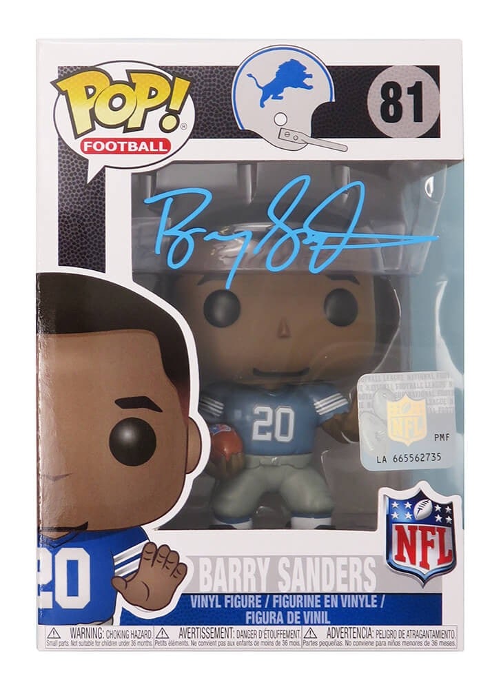 Barry Sanders Signed Funko Pop Doll #81 Detroit Lions Hall of Fame COA: Barry Sanders Signed Funko Pop Doll #81 Detroit Lions Hall of Fame COA This collectible features a Barry Sanders signed Detroit Lions NFL Legends Funko Pop Doll #81, celebrating one of football's grea