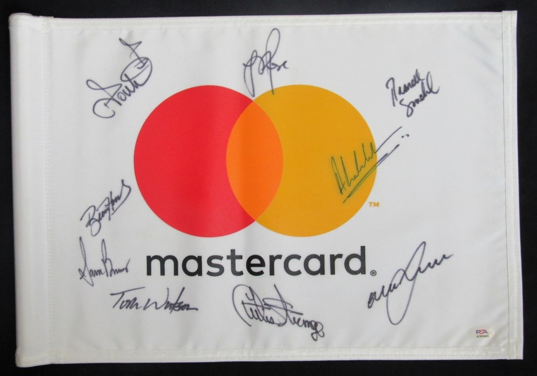 Golf Pin Flag with Nine Signatures Mastercard Open PSA DNA Authenticated: Golf Pin Flag with Nine Signatures Mastercard Open PSA DNA Authenticated This authentic Mastercard Open tournament pin flag is multi-signed by nine prominent golf professionals, including Tom Watson, 