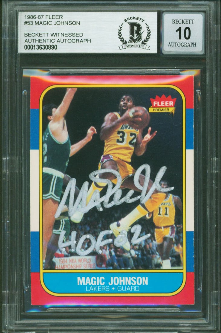 Magic Johnson Autographed 1986 Fleer 53 Card HOF 02 Beckett 10 Slabbed: Magic Johnson Autographed 1986 Fleer 53 Card HOF 02 Beckett 10 Slabbed This 1986 Fleer #53 basketball card features Magic Johnson of the Los Angeles Lakers. The card is personally signed by Magic John