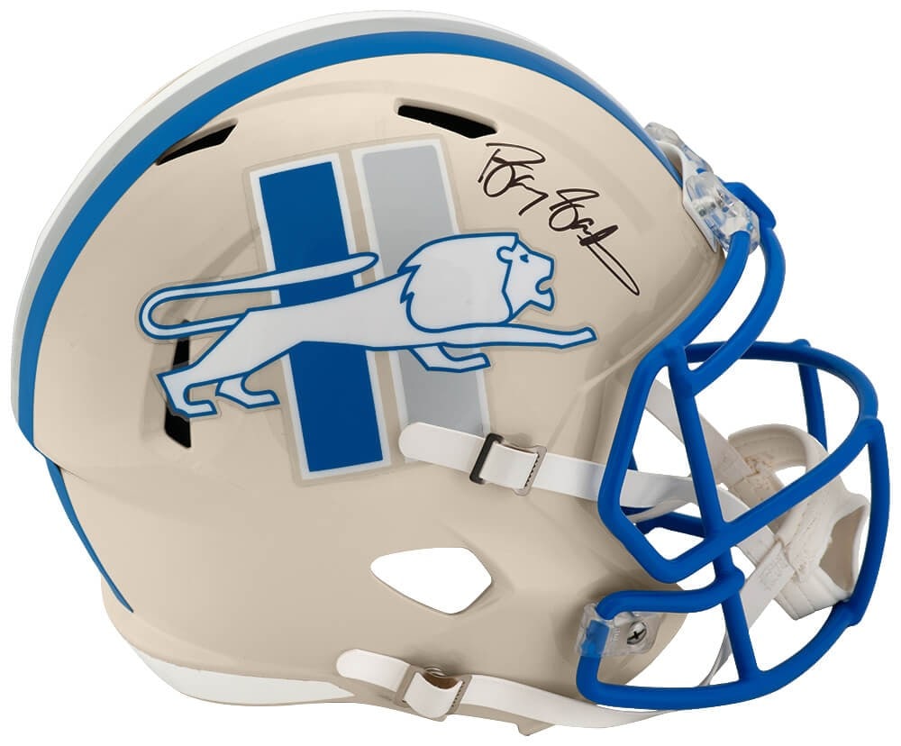Detroit Lions Riddell Speed Full Size Replica Helmet Signed by Barry Sanders with COA: Detroit Lions Riddell Speed Full Size Replica Helmet Signed by Barry Sanders with COA This Detroit Lions Retro Riddell full size Speed replica helmet has been hand-signed by Barry Sanders. The helmet 
