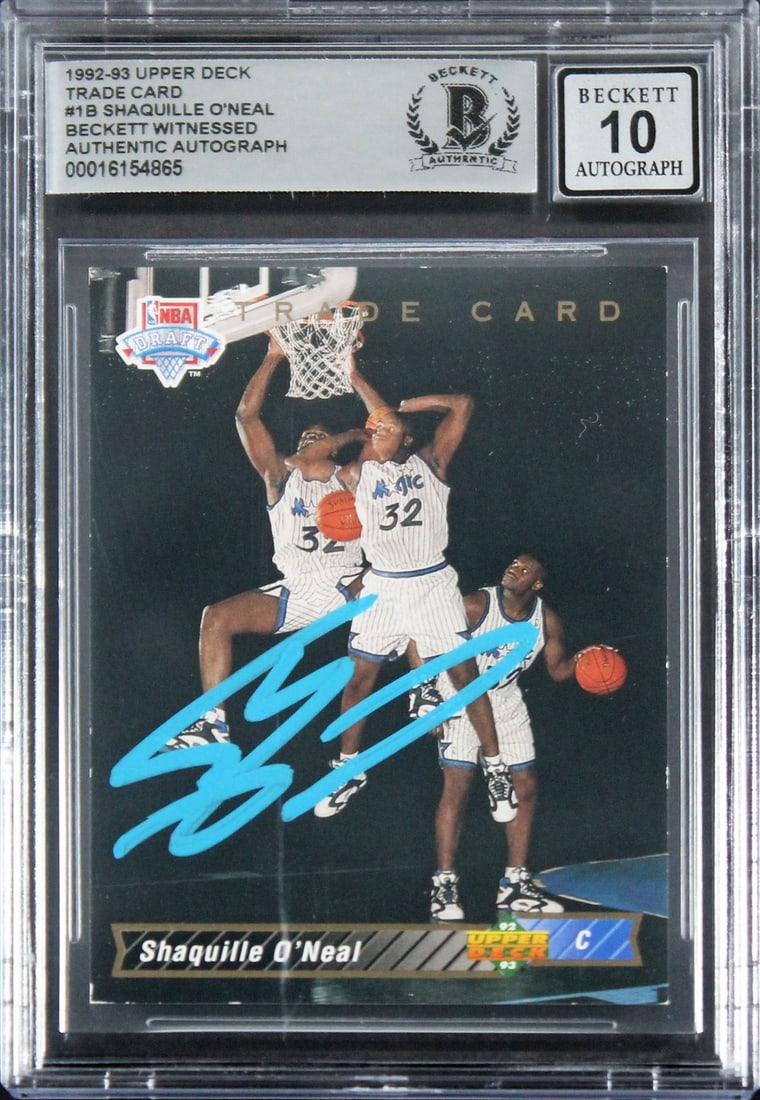 Shaquille O'Neal Signed 1992 Upper Deck RC Card Gem Mint 10 Beckett: Shaquille O'Neal Signed 1992 Upper Deck RC Card Gem Mint 10 Beckett Celebrate the legacy of basketball superstar Shaquille O'Neal with this autographed 1992 Upper Deck Trade Card #1B Rookie Card. Pers