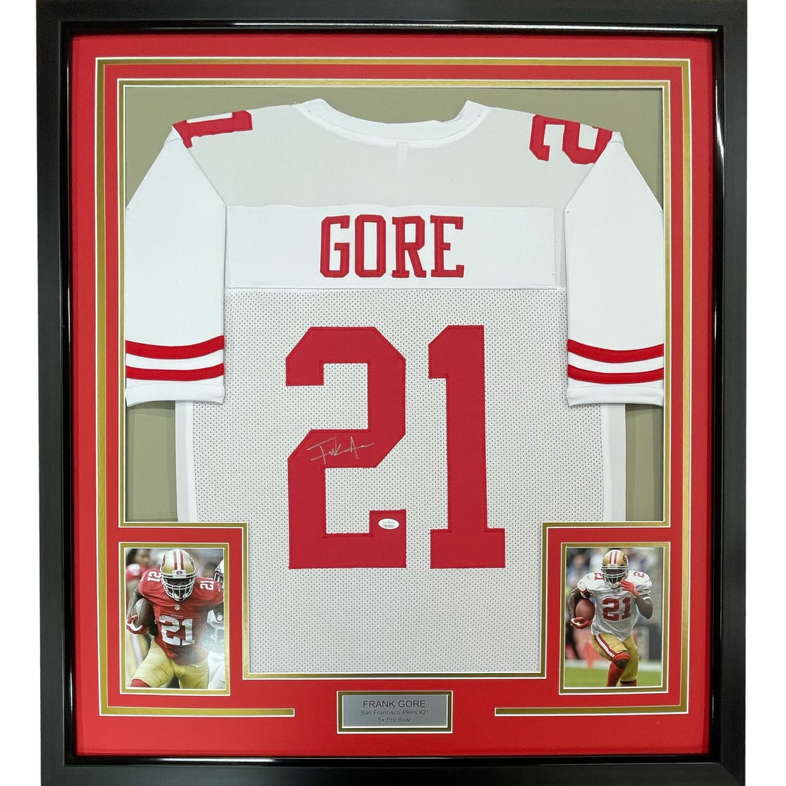 Framed Autographed Frank Gore Jersey San Francisco 49ers JSA Certified: Framed Autographed Frank Gore Jersey San Francisco 49ers JSA Certified This framed autographed jersey features the name and number of NFL star Frank Gore, celebrating his career with the San Francisco
