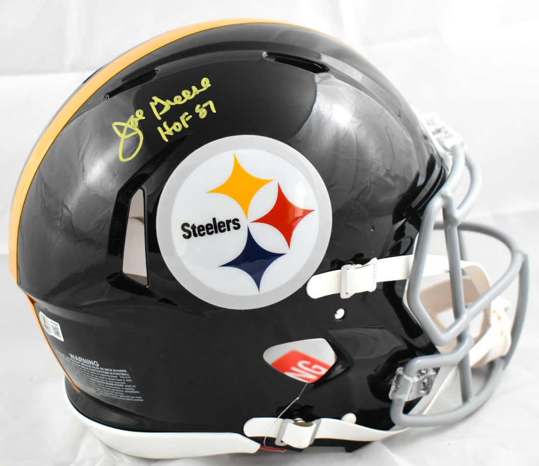 Beckett Holo Joe Greene Autographed Steelers Full Size Speed Helmet: Beckett Holo Joe Greene Autographed Steelers Full Size Speed Helmet Pre-owned full-size authentic Steelers speed helmet signed by Joe Greene. The item is accompanied by a Beckett authentication hologr
