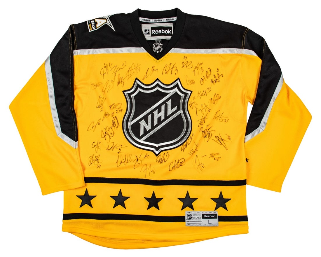 Reebok 2017 NHL All Star autographed jersey 38 signatures JSA: Reebok 2017 NHL All Star autographed jersey 38 signatures JSA This is a Reebok 2017 NHL All-Star Game jersey, signed by 38 members of the 2017 All-Star squad. The jersey features signatures from notab