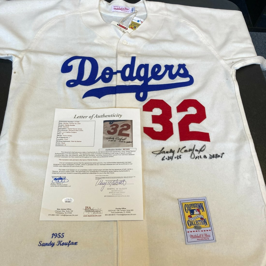 Sandy Koufax Signed Brooklyn Dodgers Jersey 1955 with JSA COA: Sandy Koufax Signed Brooklyn Dodgers Jersey 1955 with JSA COA Celebrate the iconic debut of Sandy Koufax with this authentic Brooklyn Dodgers jersey, signed and inscribed with the date of his MLB debu
