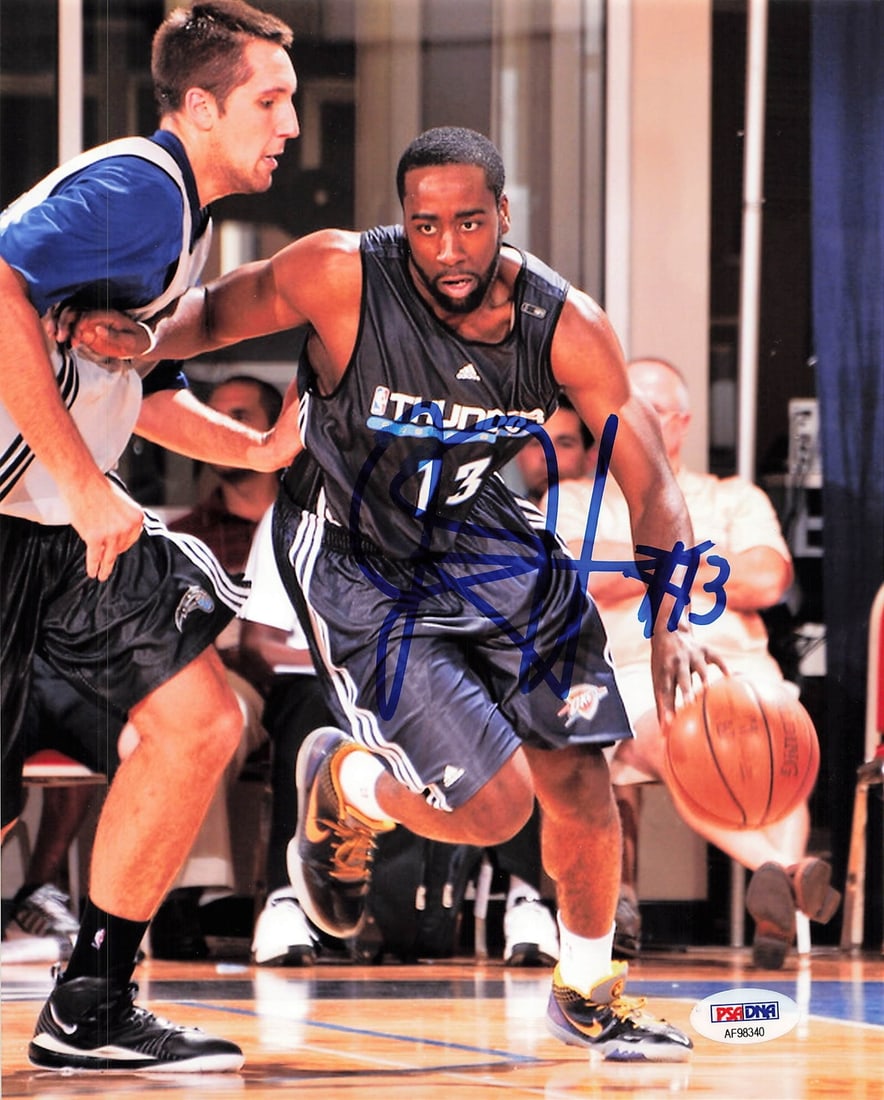 James Harden Autographed 8x10 Photo PSA/DNA Thunder Basketball: James Harden Autographed 8x10 Photo PSA/DNA Thunder Basketball This is an original 8x10 photograph of basketball star James Harden, signed during his time with the Thunder. The autograph has been auth