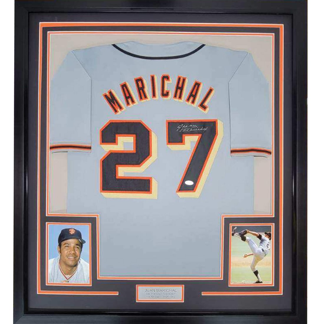 Framed Juan Marichal signed Giants jersey JSA COA 33x42: Framed Juan Marichal signed Giants jersey JSA COA 33x42 This professionally framed and matted display features a San Francisco Giants grey jersey autographed by Juan Marichal. The jersey comes with tw