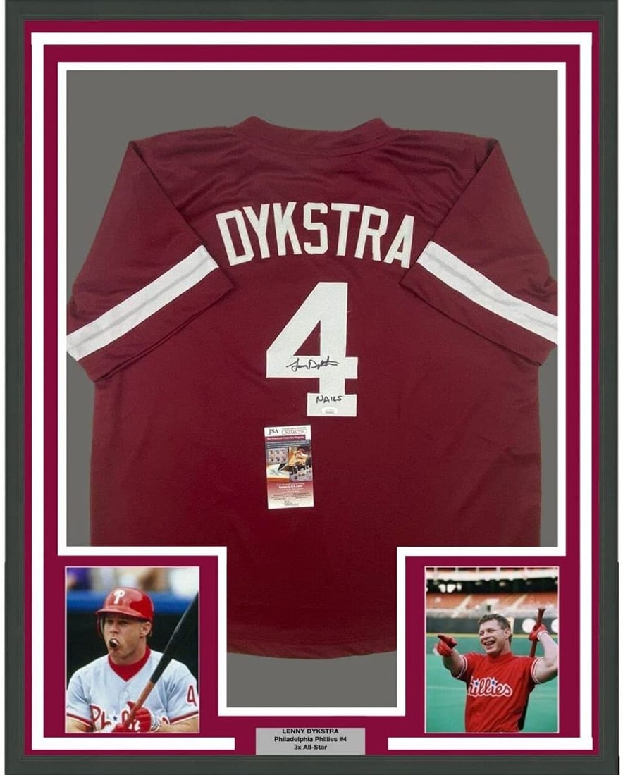 Framed Lenny Dykstra Autographed Phillies Maroon Jersey with JSA COA: Framed Lenny Dykstra Autographed Phillies Maroon Jersey with JSA COA Celebrate the legacy of Lenny Dykstra with this stunning framed and autographed Philadelphia Phillies maroon jersey. This authentic