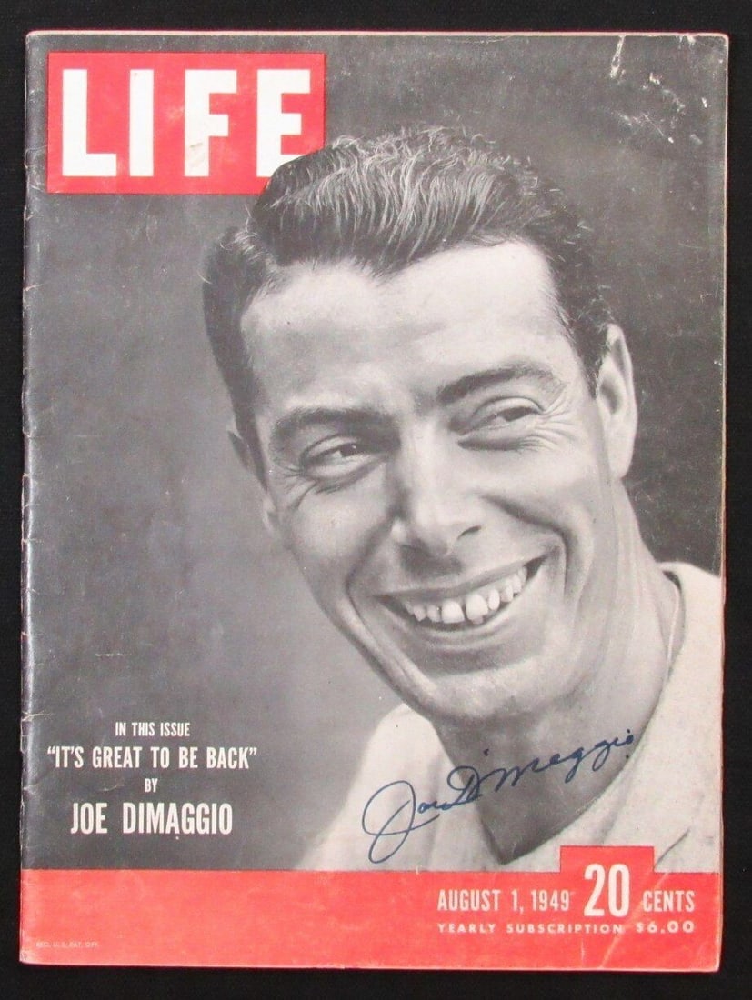 PSA DNA Signed 1949 LIFE Magazine Joe DiMaggio Yankees: PSA DNA Signed 1949 LIFE Magazine Joe DiMaggio Yankees This is an original August 1, 1949 issue of LIFE Magazine autographed by Joe DiMaggio of the New York Yankees. The autograph has been