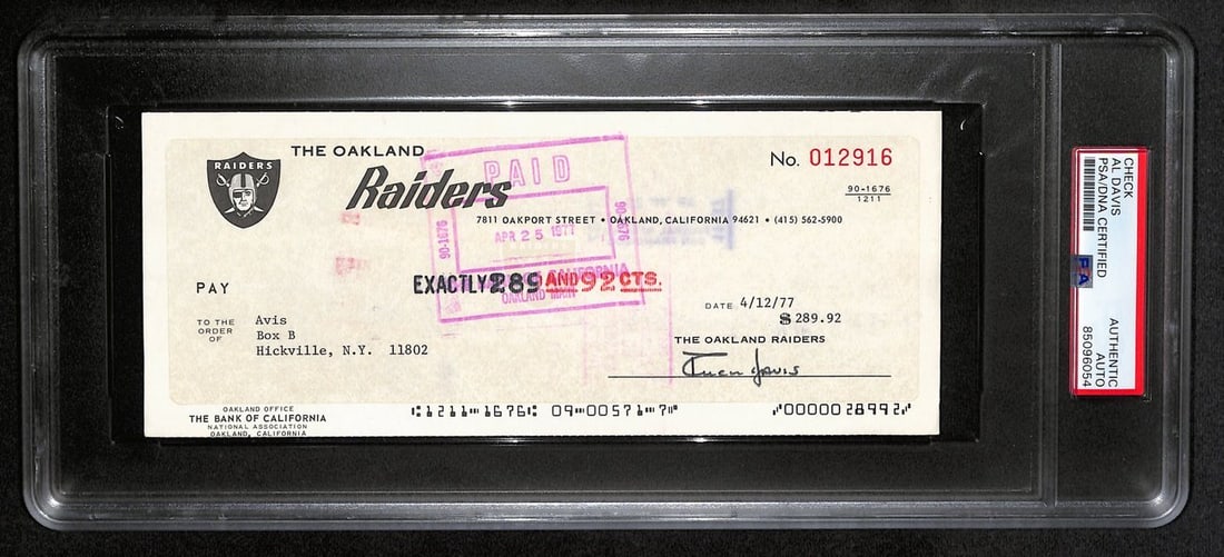 Al Davis Autographed 1977 Oakland Raiders Check PSA/DNA: Al Davis Autographed 1977 Oakland Raiders Check PSA/DNA This is an authentic autographed check from AL Davis, the legendary owner of the Oakland Raiders, dated 1977. The check has been certified by