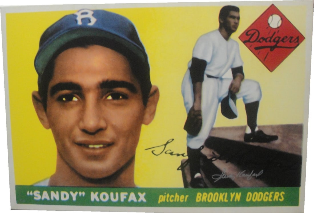 Sandy Koufax Hand Signed 1955 Topps Rookie Canvas 26x36 MLB: Sandy Koufax Hand Signed 1955 Topps Rookie Canvas 26x36 MLB Celebrate the legacy of Sandy Koufax with this striking hand-signed 1955 Topps Rookie Card blow-up, presented on a stretched canvas