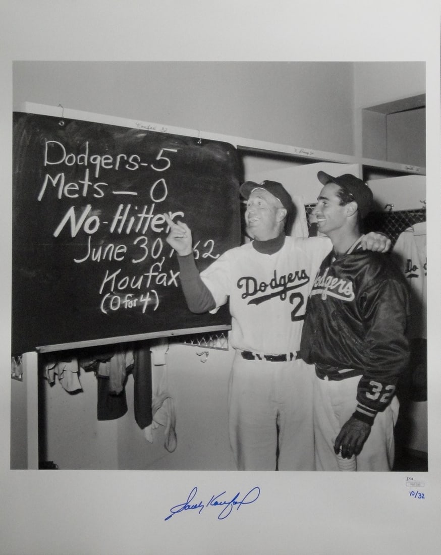 Sandy Koufax Autographed 16x20 Photo Dodgers JSA Certified: Sandy Koufax Autographed 16x20 Photo Dodgers JSA Certified This original 16x20 photograph features Sandy Koufax, a legendary player for the Los Angeles Dodgers, hand-signed for authenticity. The image