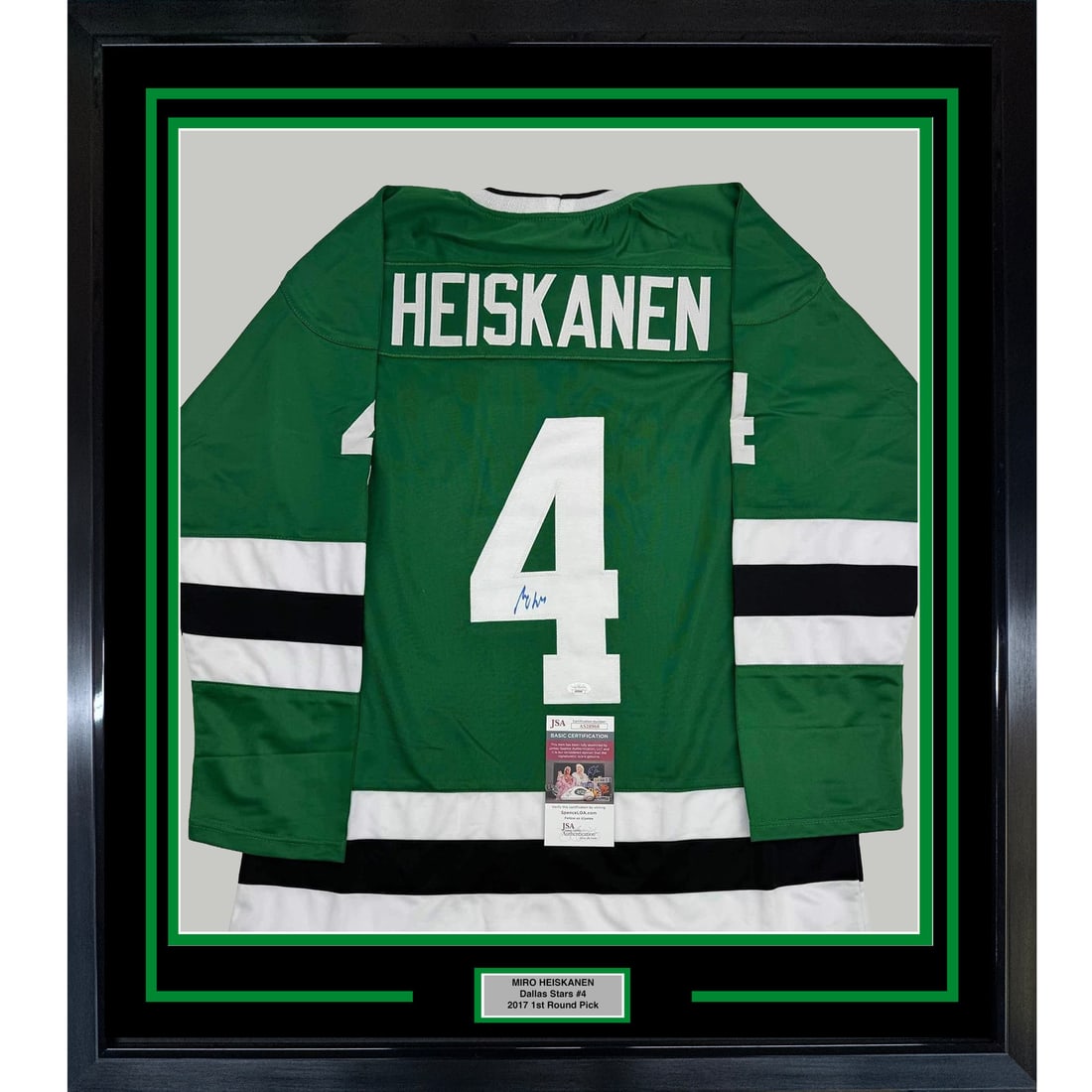 Framed Miro Heiskanen Autographed Dallas Stars Retro Jersey JSA COA: Framed Miro Heiskanen Autographed Dallas Stars Retro Jersey JSA COA Celebrate your love for the Dallas Stars with this framed autographed Miro Heiskanen green retro jersey. This original piece feature