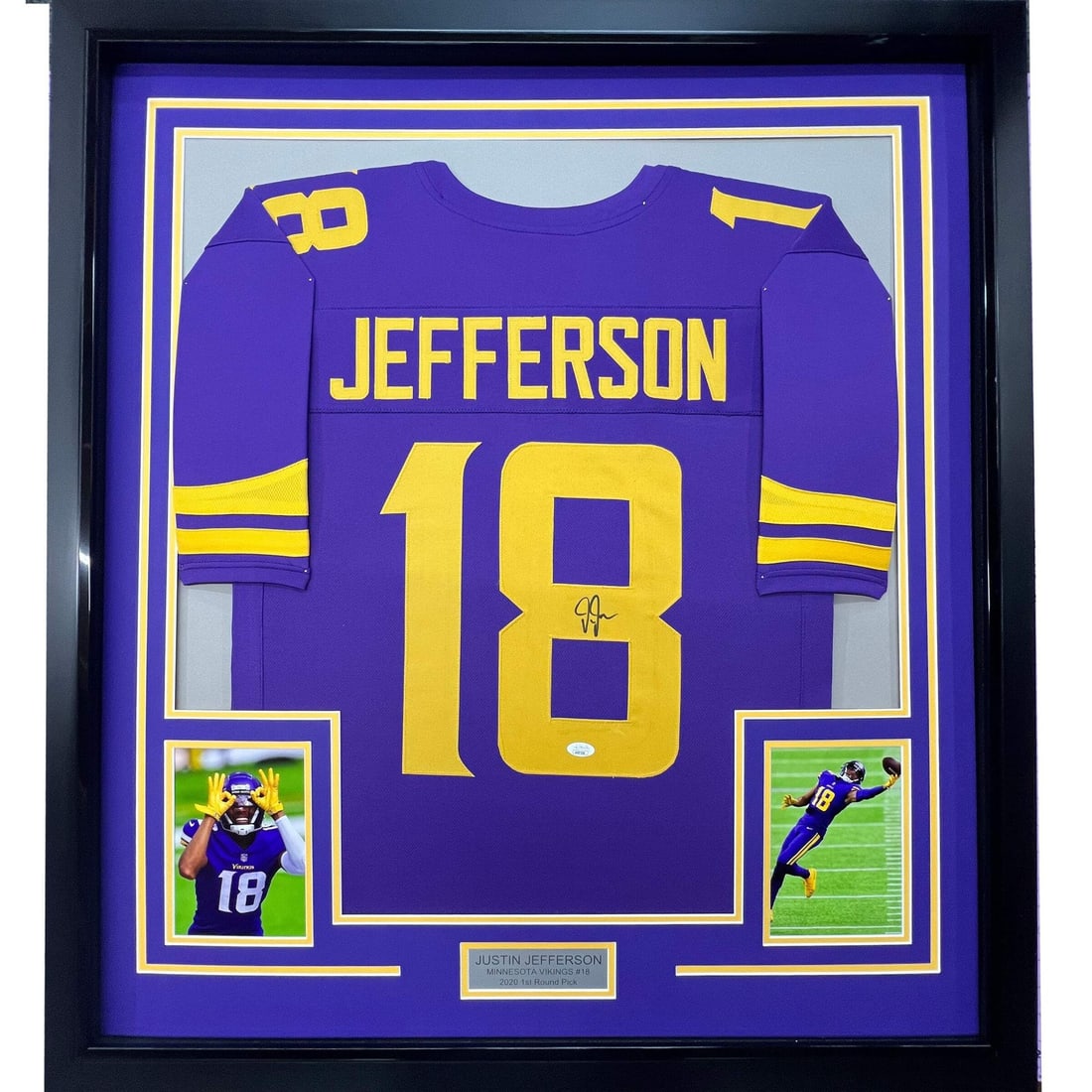 Justin Jefferson signed Vikings color rush jersey framed JSA COA 33x42: Justin Jefferson signed Vikings color rush jersey framed JSA COA 33x42 This professionally framed and matted Justin Jefferson Color Rush jersey features a certified autograph authenticated by James Sp
