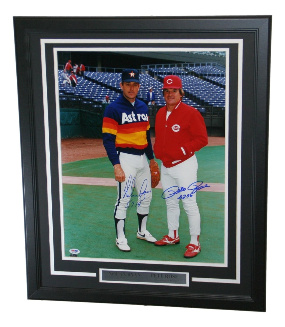 Framed 16x20 Photograph Signed by Pete Rose and Nolan Ryan JSA Authenticated: Framed 16x20 Photograph Signed by Pete Rose and Nolan Ryan JSA Authenticated This framed 16x20 photo features autographs and highlights two legendary baseball players, Nolan Ryan and Pete Rose. The ph