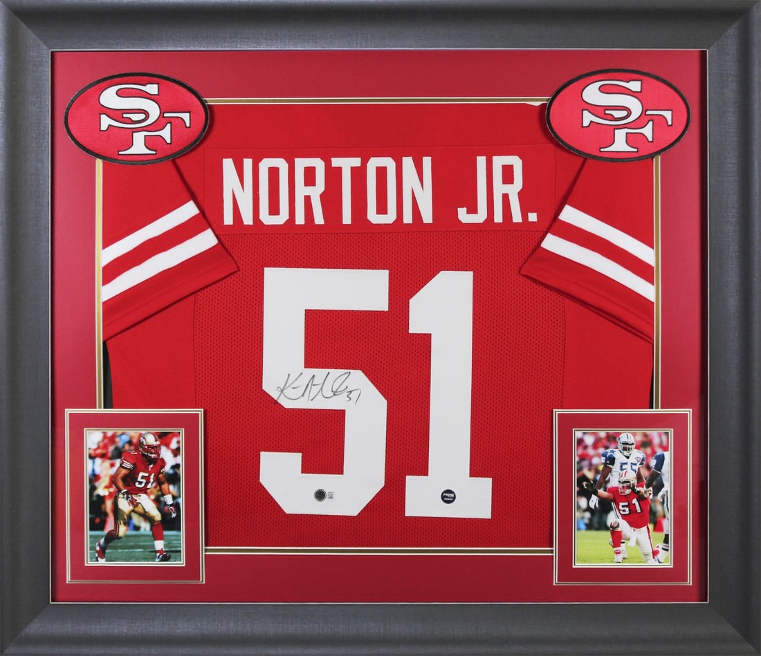 Ken Norton Jr signed red framed San Francisco 49ers jersey Beckett witnessed (1 of 2)
