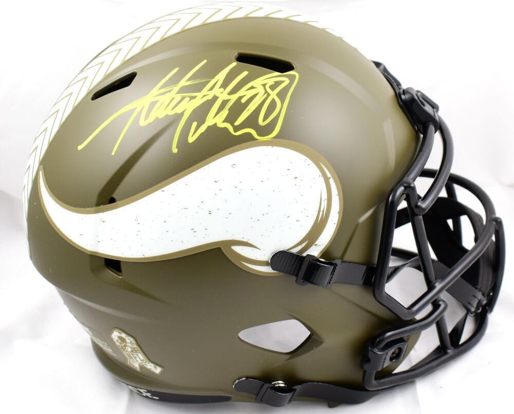 Adrian Peterson autographed Minnesota Vikings full size Speed helmet BAS: Adrian Peterson autographed Minnesota Vikings full size Speed helmet BAS This is an original Minnesota Vikings full-size Salute to Service speed helmet signed by Adrian Peterson. The item is pre-owned