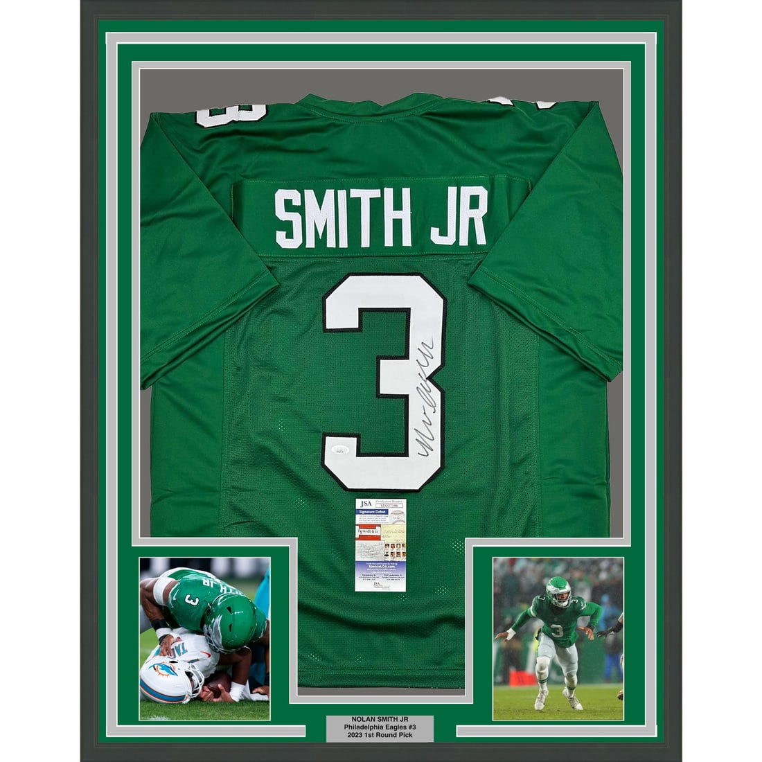 Nolan Smith Jr. Signed Eagles Kelly Green Framed Jersey JSA COA: Nolan Smith Jr. Signed Eagles Kelly Green Framed Jersey JSA COA This professionally framed and matted display features a Kelly green Philadelphia Eagles jersey autographed by Nolan Smith Jr. The piece