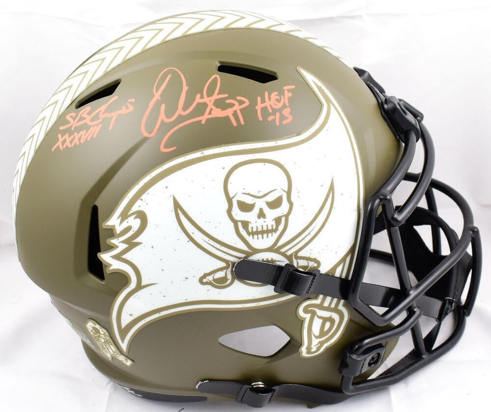 Tampa Bay Buccaneers Salute to Service Speed Helmet signed by Warren Sapp BAS: Tampa Bay Buccaneers Salute to Service Speed Helmet signed by Warren Sapp BAS This is an original Tampa Bay Buccaneers full-size Speed helmet signed by Warren Sapp. It is a Salute to Service helmet an