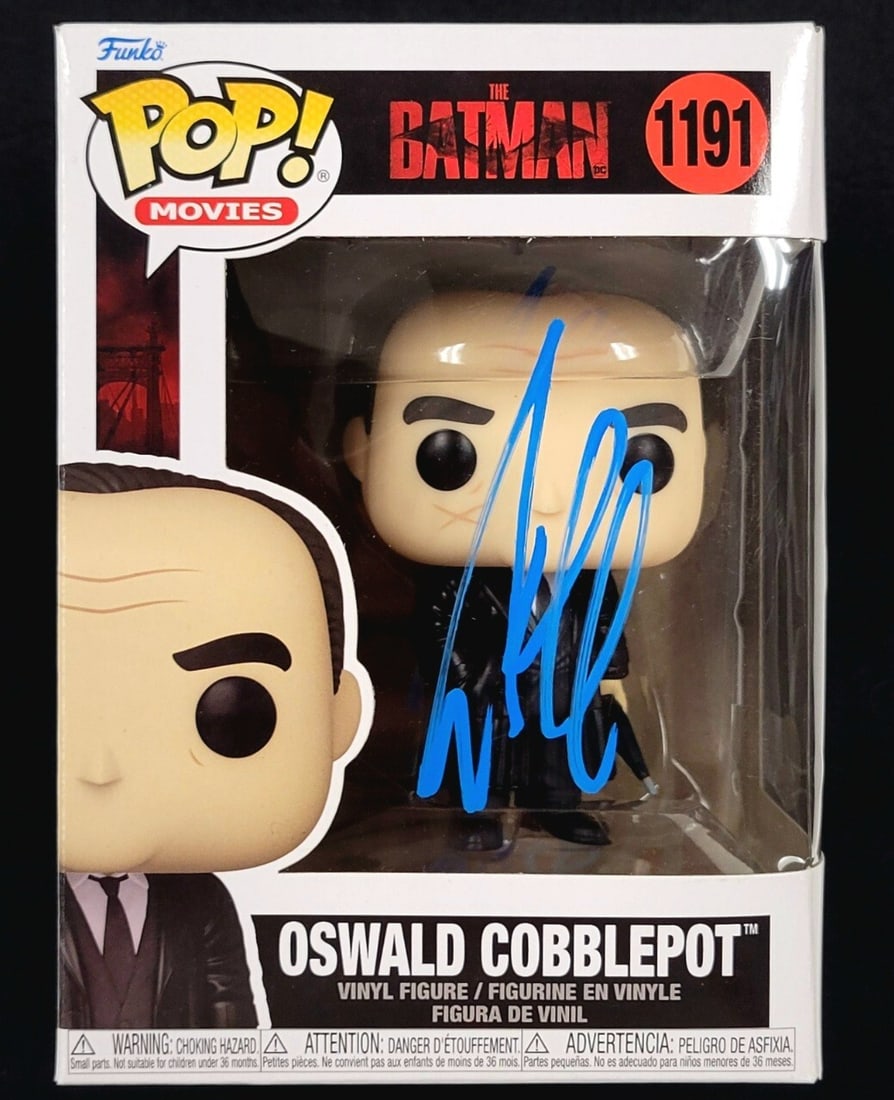 Signed Penguin Funko Pop Oswald Cobblepot by Colin Farrell Beckett Authenticated: Signed Penguin Funko Pop Oswald Cobblepot by Colin Farrell Beckett Authenticated This Funko Pop! figure depicts Oswald 'Penguin' Cobblepot from the movie The Batman and features the authentic autograp
