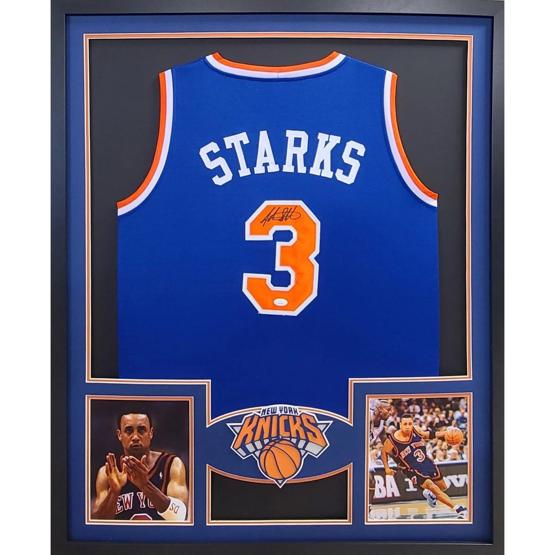 Framed John Starks Autographed Knicks Jersey JSA Authenticated: Framed John Starks Autographed Knicks Jersey JSA Authenticated This is a framed New York Knicks jersey autographed by John Starks. The jersey features detailed framing and the team logo, and is protec