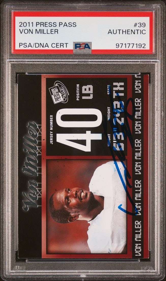 2011-12 Press Pass Von Miller Autographed Card PSA Slabbed #39 NCAA Football: 2011-12 Press Pass Von Miller Autographed Card PSA Slabbed #39 NCAA Football This 2011-12 Press Pass #39 card features an authentic autograph from Von Miller, who is celebrated for his time with the