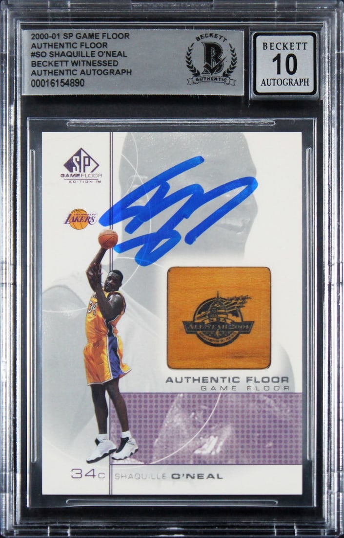 Shaquille O'Neal 2000 SP Game Floor Auto Card Gem Mint 10 BAS Slabbed: Shaquille O'Neal 2000 SP Game Floor Auto Card Gem Mint 10 BAS Slabbed This is an original 2000 SP Game Floor #SO trading card featuring Shaquille O'Neal of the Los Angeles Lakers. The card includes