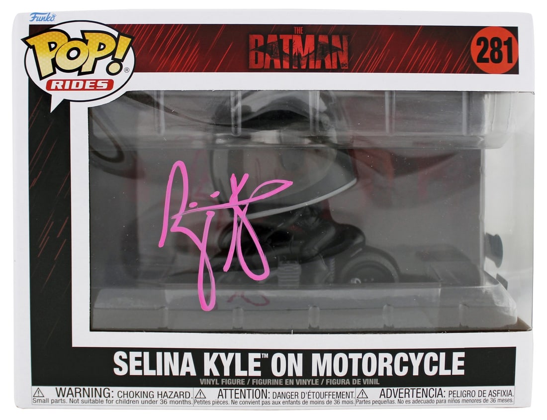 Zoe Kravitz Signed Selina Kyle Funko Pop BAS Authentication The Batman: Zoe Kravitz Signed Selina Kyle Funko Pop BAS Authentication The Batman This is a signed Funko Pop Vinyl Figure of Selina Kyle on a motorcycle, personally autographed by Zoe Kravitz, known for her role