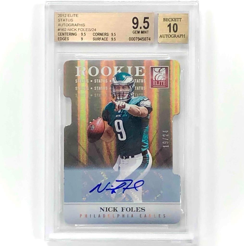 Nick Foles 2012 Elite Rookie Auto Card Serial Numbered 24 BGS 9.5 Auto 10: Nick Foles 2012 Elite Rookie Auto Card Serial Numbered 24 BGS 9.5 Auto 10 This is a 2012 Elite #162 Nick Foles rookie sports trading card, featuring a hard-signed autograph. The card is a base set par