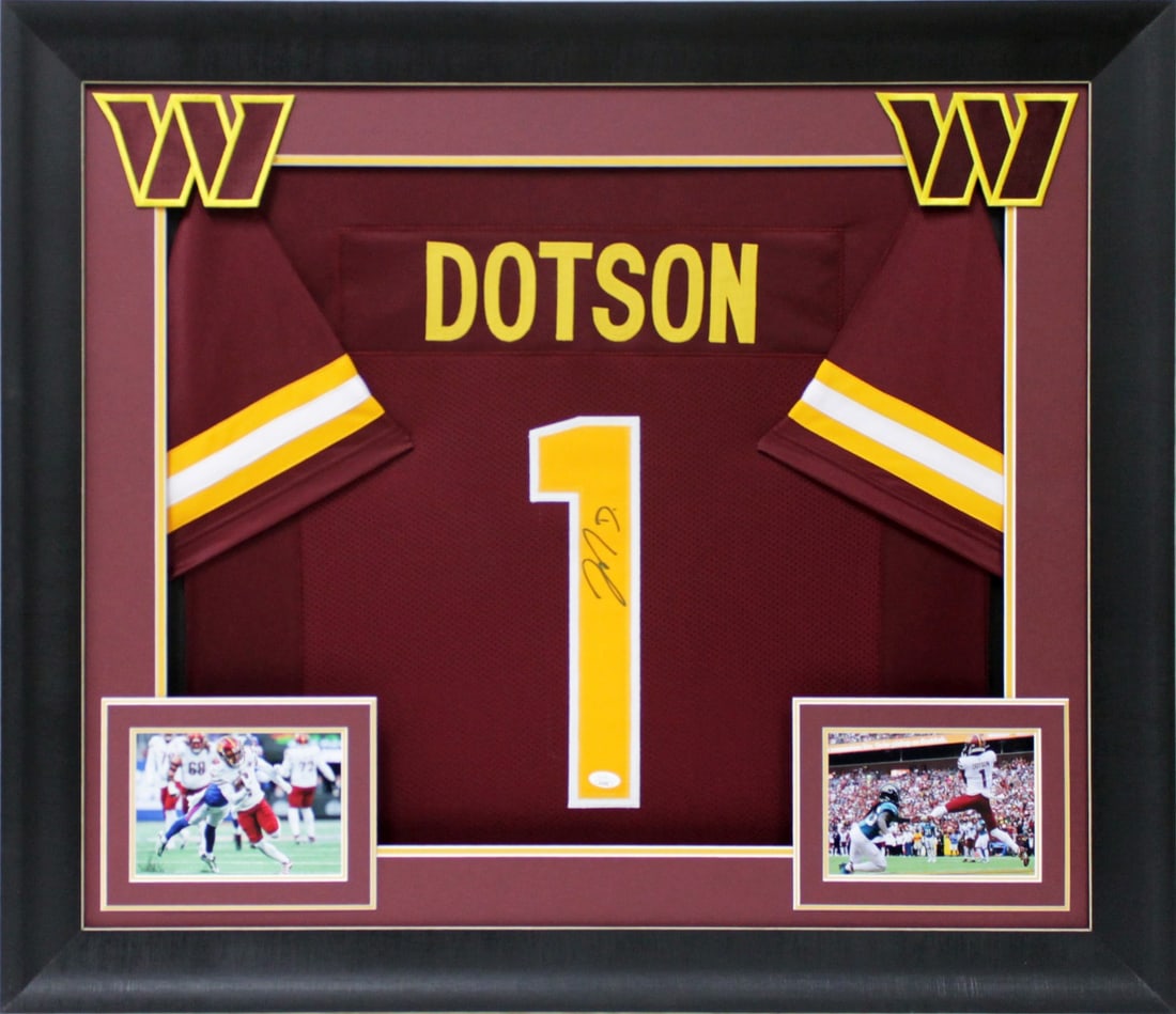 Jahan Dotson Signed Maroon Framed Jersey with Yellow Numbers JSA COA: Jahan Dotson Signed Maroon Framed Jersey with Yellow Numbers JSA COA Celebrate your fandom with this authentic Jahan Dotson signed maroon pro-style framed jersey featuring striking yellow numbers. Thi