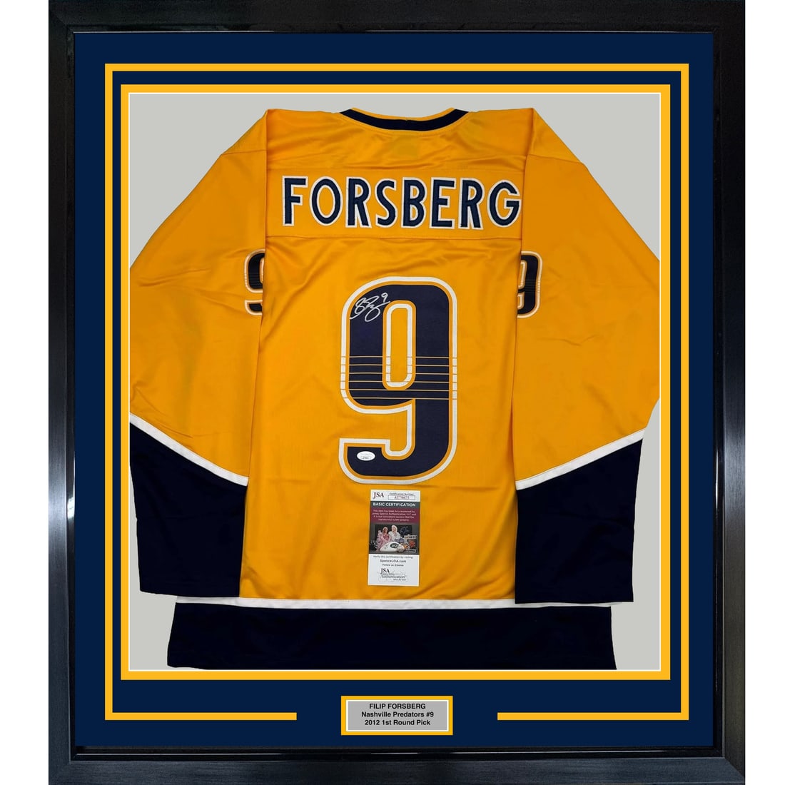 Filip Forsberg Autographed Framed Jersey Nashville Predators JSA COA 35x39: Filip Forsberg Autographed Framed Jersey Nashville Predators JSA COA 35x39 Celebrate your passion for hockey with this framed autographed Filip Forsberg Nashville Predators jersey. The jersey features