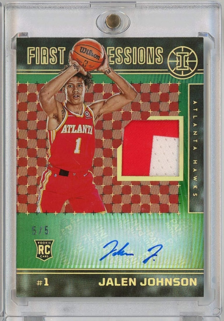 Jalen Johnson Panini Illusions Green RPA PSA Graded Auto 5 of 5: Jalen Johnson Panini Illusions Green RPA PSA Graded Auto 5 of 5 This is a 2021 Panini Illusions First Impressions Green RPA card featuring Jalen Johnson of the Atlanta Hawks, numbered 5 out of 5. The 