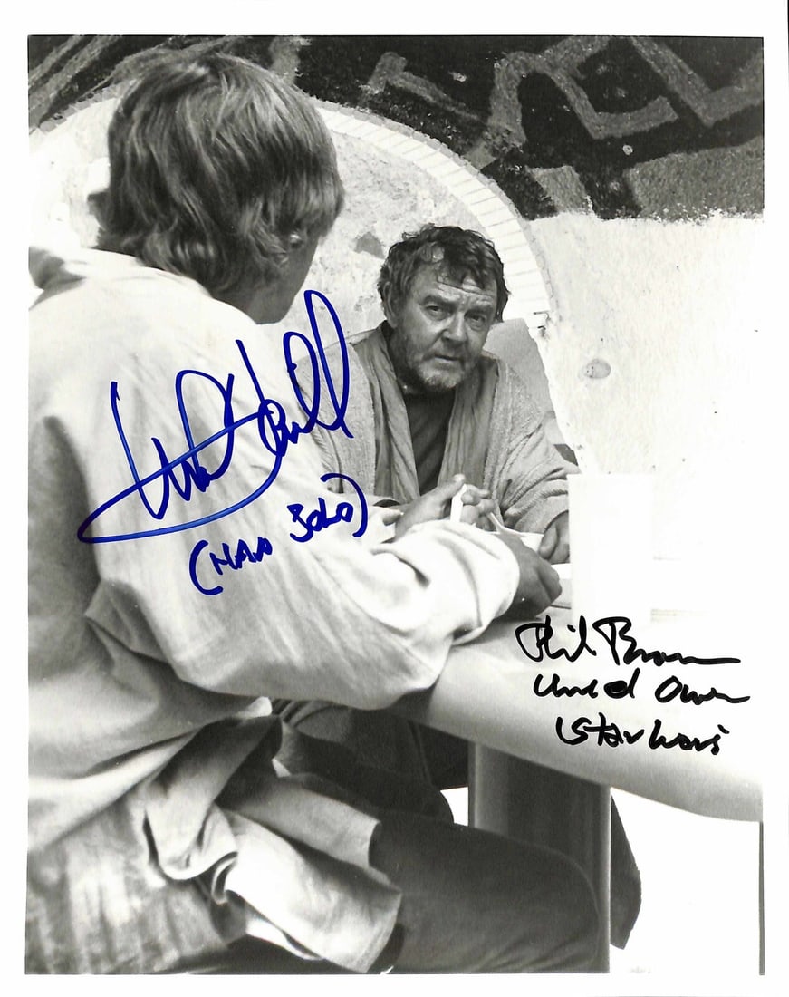 Star Wars 8x10 Photo Signed by Mark Hamill and Phil Brown Beckett LOA: Star Wars 8x10 Photo Signed by Mark Hamill and Phil Brown Beckett LOA This is an original 8x10 autographed photograph from Star Wars: A New Hope, signed by actors Mark Hamill and Phil Brown. The photo
