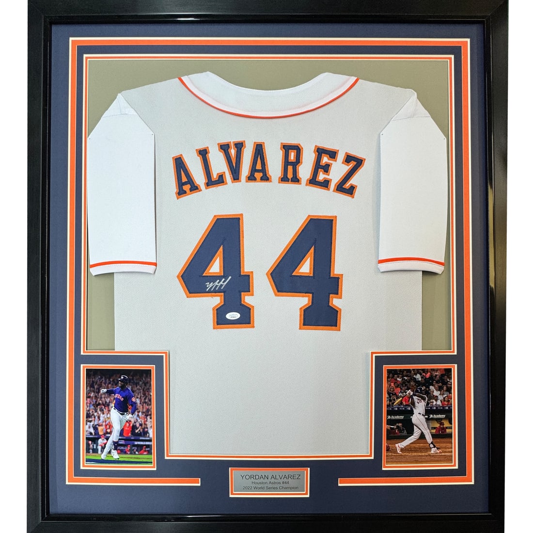 Framed Yordan Alvarez Signed Jersey 35x39 with JSA COA Astros: Framed Yordan Alvarez Signed Jersey 35x39 with JSA COA Astros This framed autographed Yordan Alvarez Houston Astros jersey is a must-have for any baseball fan. Measuring 35x39 inches, it features a st