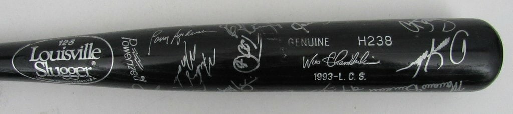 Philadelphia Phillies 1993 Team Autographed Bat Beckett Authenticated: Philadelphia Phillies 1993 Team Autographed Bat Beckett Authenticated This 1993 Philadelphia Phillies Team Signed Louisville Slugger bat is a remarkable collectible for baseball enthusiasts. Authentic