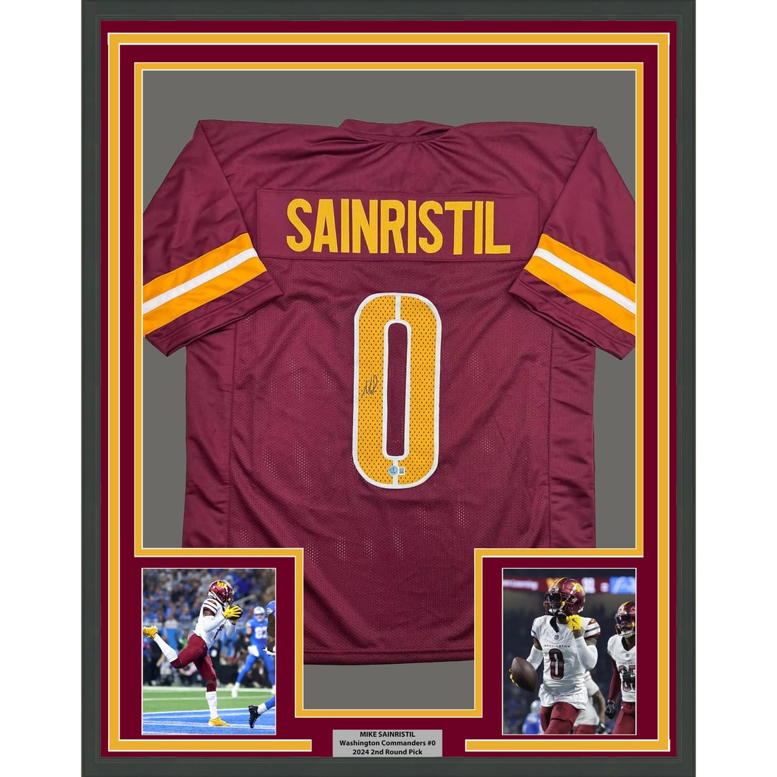 Mike Sainristil Signed Washington Commanders Jersey Framed with Photos 35x39 BAS COA: Mike Sainristil Signed Washington Commanders Jersey Framed with Photos 35x39 BAS COA This framed display features a red Washington Commanders jersey autographed by Mike Sainristil. The jersey is profe
