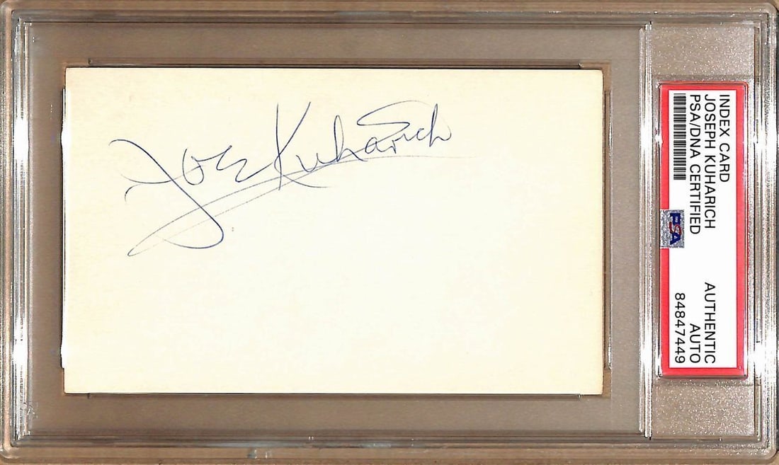 Joe Kuharich Autographed 3x5 Index Card Notre Dame PSA/DNA: Joe Kuharich Autographed 3x5 Index Card Notre Dame PSA/DNA This offering features an original 3x5 index card autographed by Joe Kuharich, the former head coach of the Notre Dame Fighting Irish and the