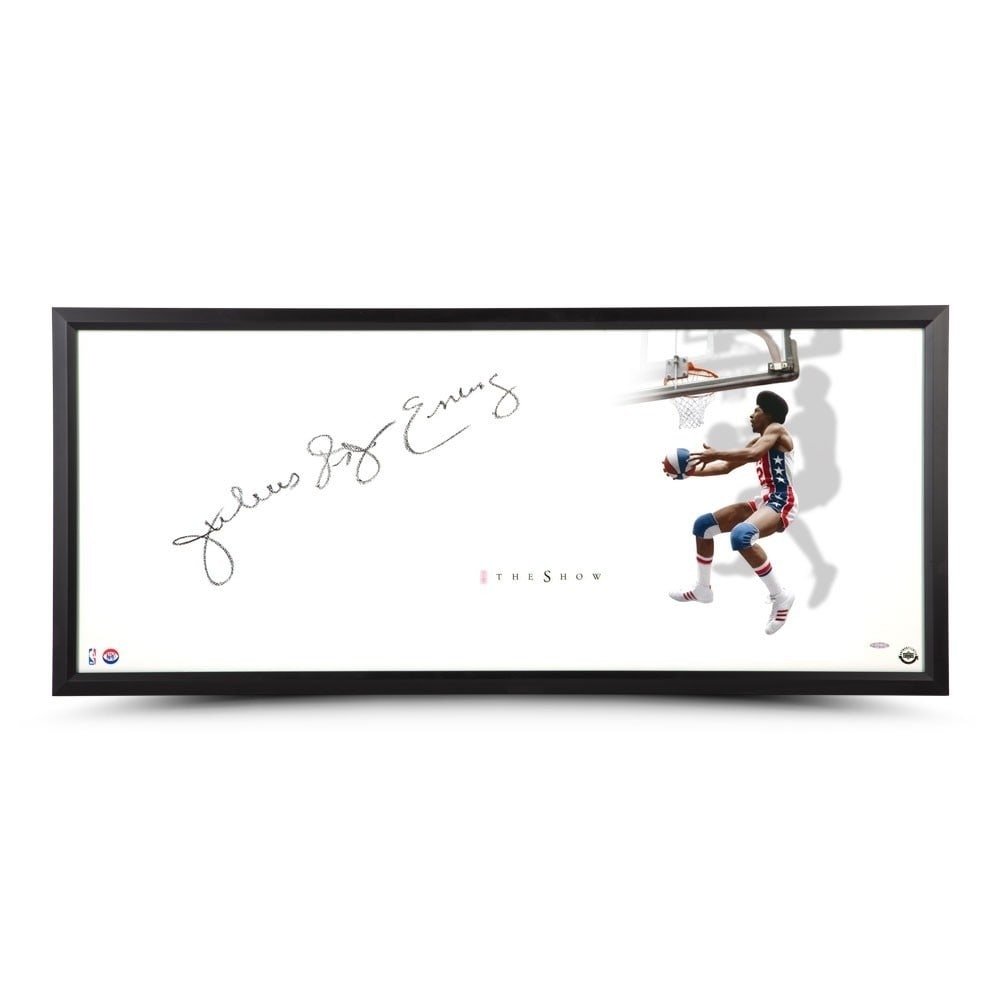 Julius Erving Signed 20x46 Photo Framed Upper Deck Authentication: Julius Erving Signed 20x46 Photo Framed Upper Deck Authentication This is an original, autographed 20" x 46" framed photo of Julius Erving, known as "Dr. J," showcasing his remarkable skills on the
