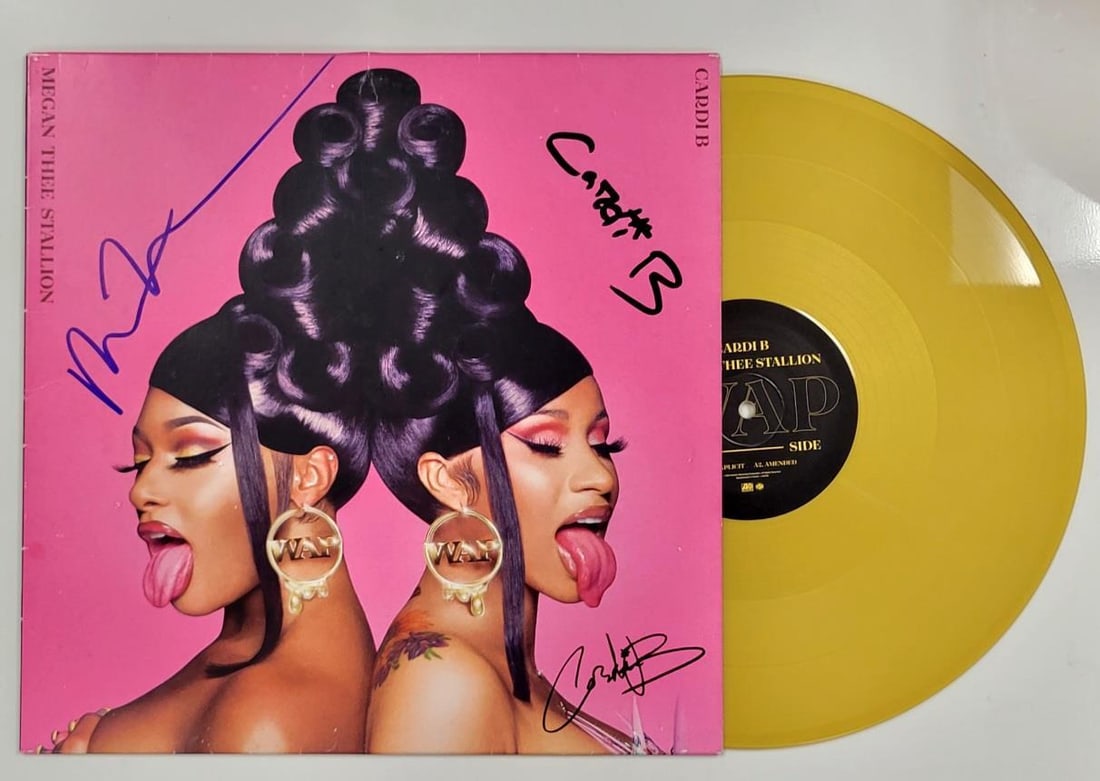 WAP Album Cover Autographed by Cardi B and Megan Thee Stallion Beckett Authenticated: WAP Album Cover Autographed by Cardi B and Megan Thee Stallion Beckett Authenticated This is an original WAP vinyl album cover signed by Cardi B and Megan Thee Stallion. The autographs have been authe
