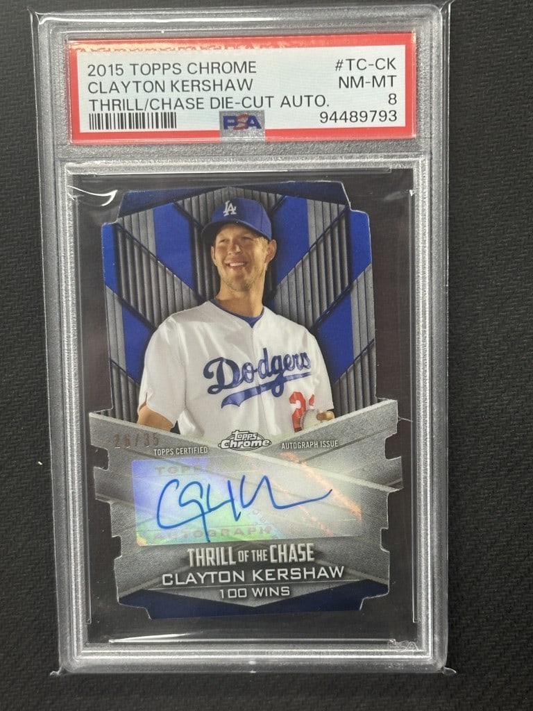 Clayton Kershaw 2015 Topps Chrome Auto PSA 8 #TCCK Baseball Card: Clayton Kershaw 2015 Topps Chrome Auto PSA 8 #TCCK Baseball Card This collectible features the 2015 Topps Chrome Thrill Of The Chase autographed baseball card of Clayton Kershaw. Graded at a PSA 8, th
