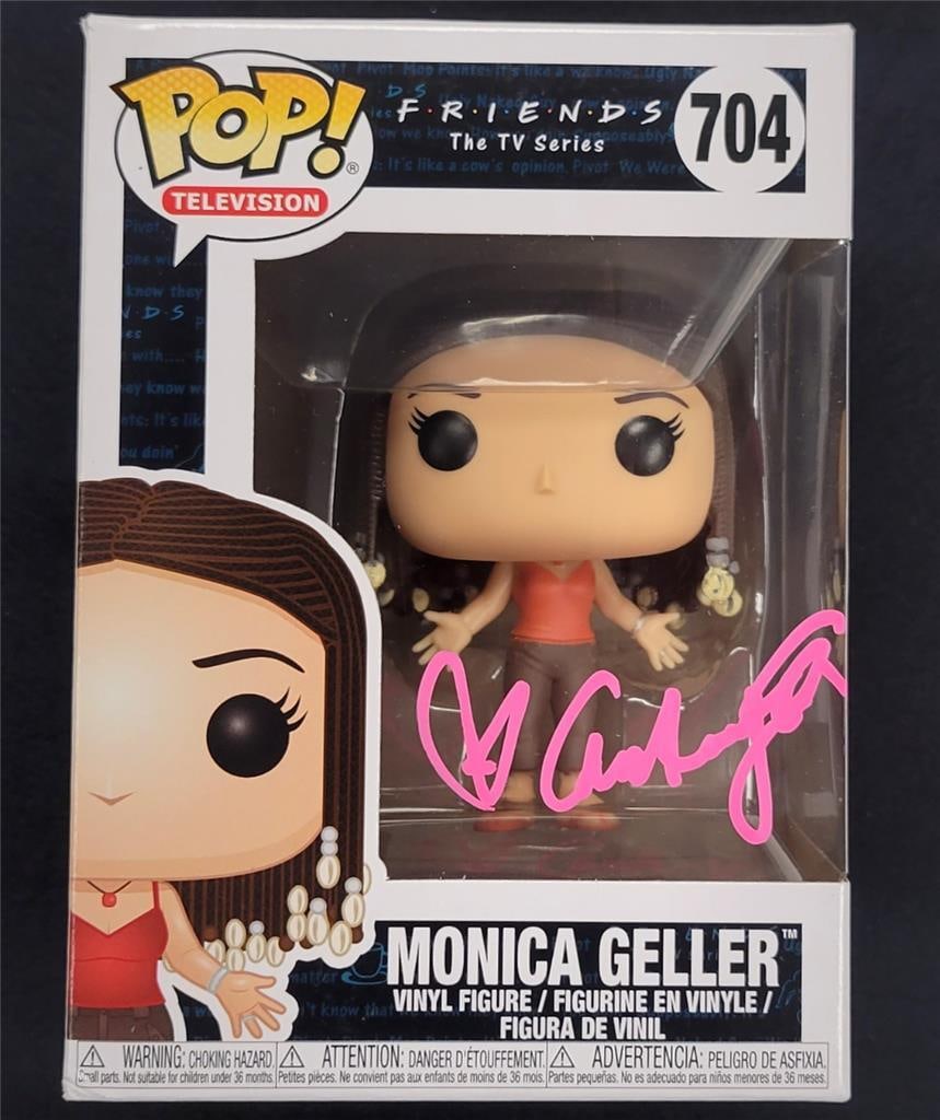 Friends Monica Geller Funko Pop signed by Courteney Cox Beckett authenticated: Friends Monica Geller Funko Pop signed by Courteney Cox Beckett authenticated This is an original Funko Pop! collectible figure depicting Monica Gellar from the television show Friends. The figure is 