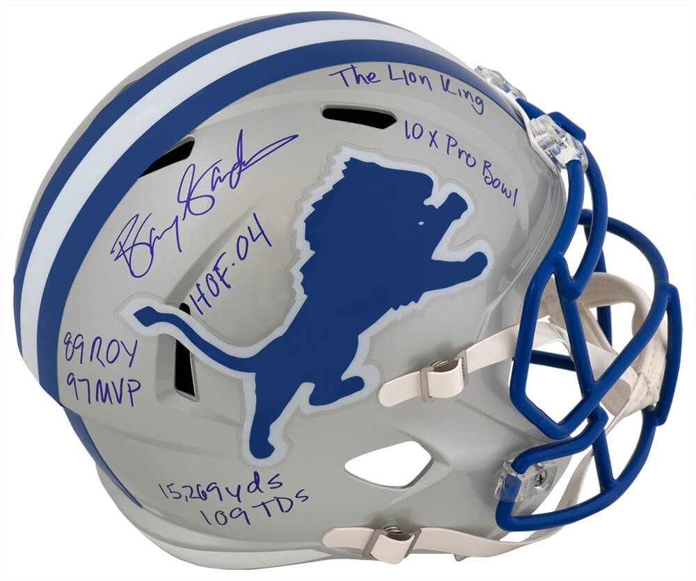 Barry Sanders Signed Lions Riddell Full Size Helmet with Inscriptions: Barry Sanders Signed Lions Riddell Full Size Helmet with Inscriptions This impressive collectible features a full-size Riddell replica helmet signed by NFL legend Barry Sanders, a member of the Hall o